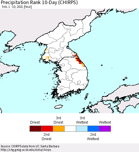 Korea Precipitation Rank 10-Day (CHIRPS) Thematic Map For 2/1/2021 - 2/10/2021