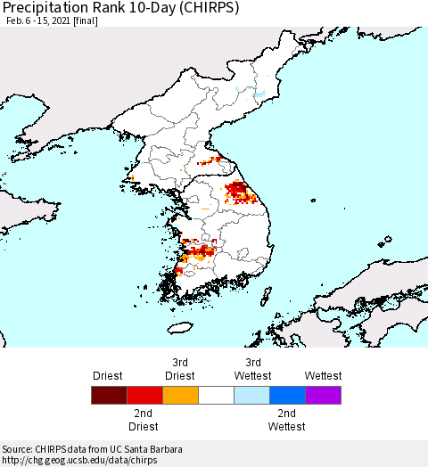 Korea Precipitation Rank 10-Day (CHIRPS) Thematic Map For 2/6/2021 - 2/15/2021