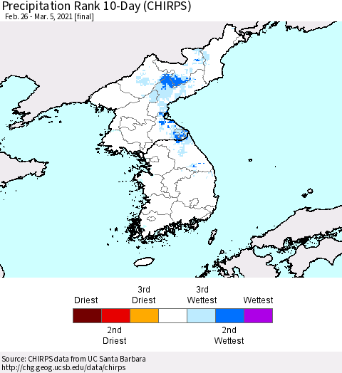 Korea Precipitation Rank 10-Day (CHIRPS) Thematic Map For 2/26/2021 - 3/5/2021