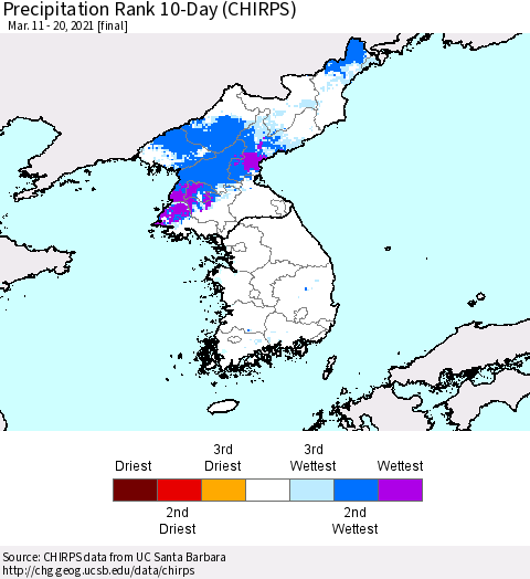 Korea Precipitation Rank since 1981, 10-Day (CHIRPS) Thematic Map For 3/11/2021 - 3/20/2021