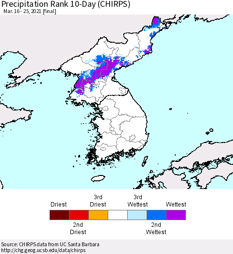 Korea Precipitation Rank 10-Day (CHIRPS) Thematic Map For 3/16/2021 - 3/25/2021