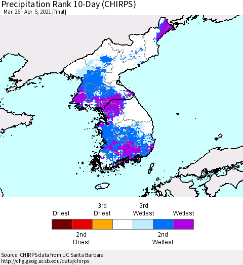 Korea Precipitation Rank 10-Day (CHIRPS) Thematic Map For 3/26/2021 - 4/5/2021