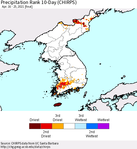 Korea Precipitation Rank since 1981, 10-Day (CHIRPS) Thematic Map For 4/16/2021 - 4/25/2021