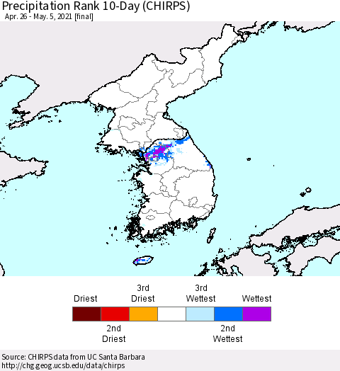 Korea Precipitation Rank since 1981, 10-Day (CHIRPS) Thematic Map For 4/26/2021 - 5/5/2021