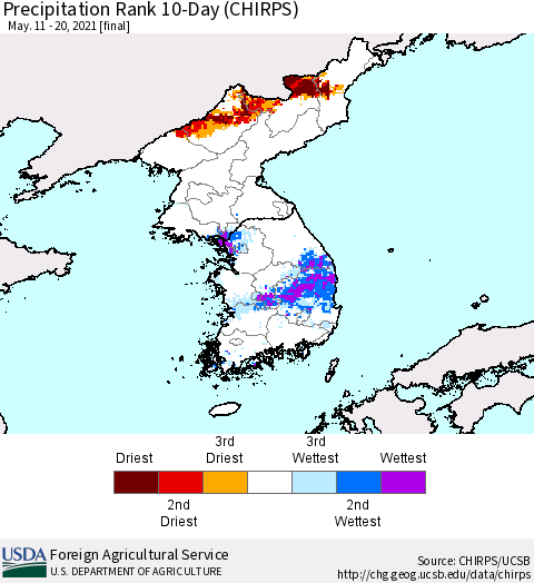 Korea Precipitation Rank since 1981, 10-Day (CHIRPS) Thematic Map For 5/11/2021 - 5/20/2021