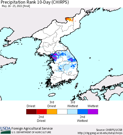 Korea Precipitation Rank since 1981, 10-Day (CHIRPS) Thematic Map For 5/16/2021 - 5/25/2021