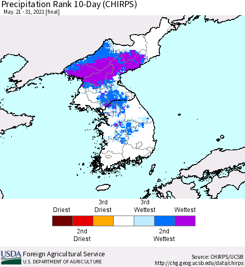 Korea Precipitation Rank since 1981, 10-Day (CHIRPS) Thematic Map For 5/21/2021 - 5/31/2021