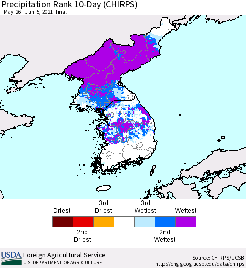 Korea Precipitation Rank since 1981, 10-Day (CHIRPS) Thematic Map For 5/26/2021 - 6/5/2021