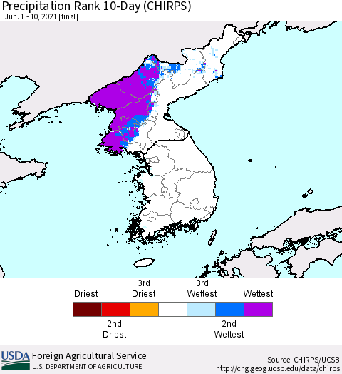 Korea Precipitation Rank since 1981, 10-Day (CHIRPS) Thematic Map For 6/1/2021 - 6/10/2021