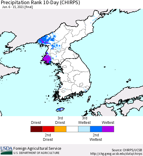 Korea Precipitation Rank since 1981, 10-Day (CHIRPS) Thematic Map For 6/6/2021 - 6/15/2021
