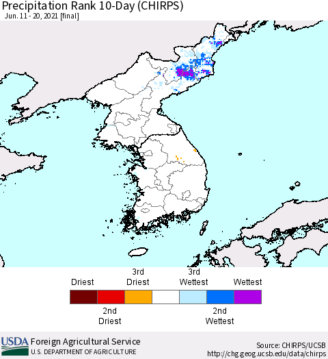 Korea Precipitation Rank since 1981, 10-Day (CHIRPS) Thematic Map For 6/11/2021 - 6/20/2021