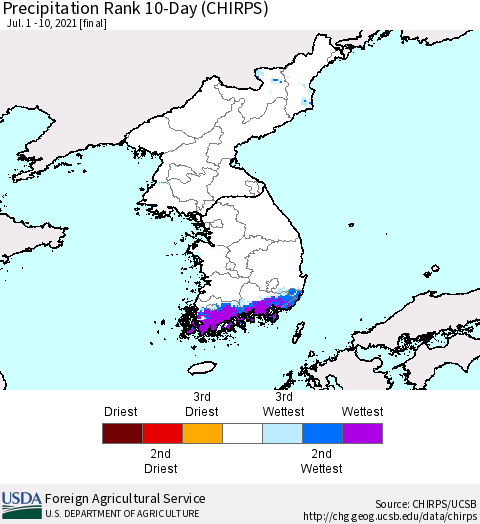 Korea Precipitation Rank since 1981, 10-Day (CHIRPS) Thematic Map For 7/1/2021 - 7/10/2021