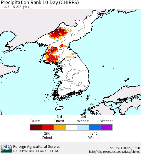 Korea Precipitation Rank since 1981, 10-Day (CHIRPS) Thematic Map For 7/6/2021 - 7/15/2021