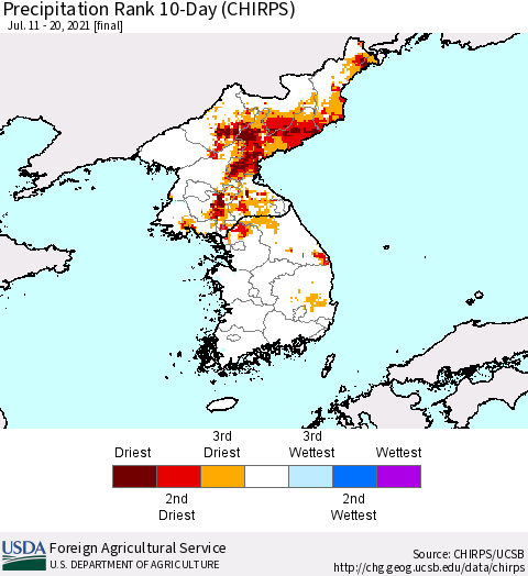 Korea Precipitation Rank since 1981, 10-Day (CHIRPS) Thematic Map For 7/11/2021 - 7/20/2021