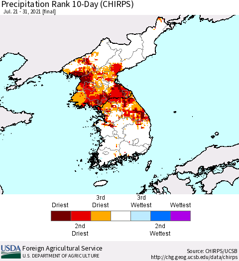 Korea Precipitation Rank since 1981, 10-Day (CHIRPS) Thematic Map For 7/21/2021 - 7/31/2021