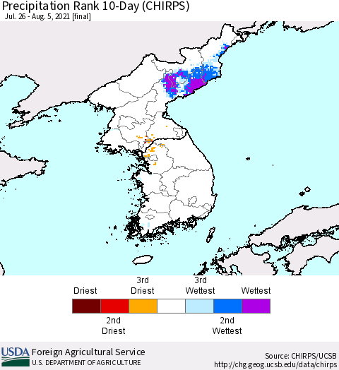 Korea Precipitation Rank since 1981, 10-Day (CHIRPS) Thematic Map For 7/26/2021 - 8/5/2021