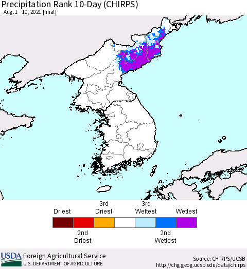 Korea Precipitation Rank since 1981, 10-Day (CHIRPS) Thematic Map For 8/1/2021 - 8/10/2021