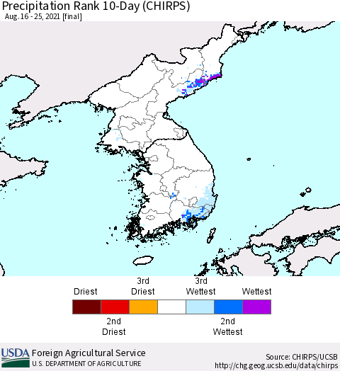 Korea Precipitation Rank 10-Day (CHIRPS) Thematic Map For 8/16/2021 - 8/25/2021