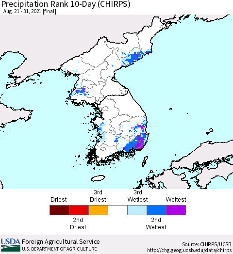 Korea Precipitation Rank since 1981, 10-Day (CHIRPS) Thematic Map For 8/21/2021 - 8/31/2021