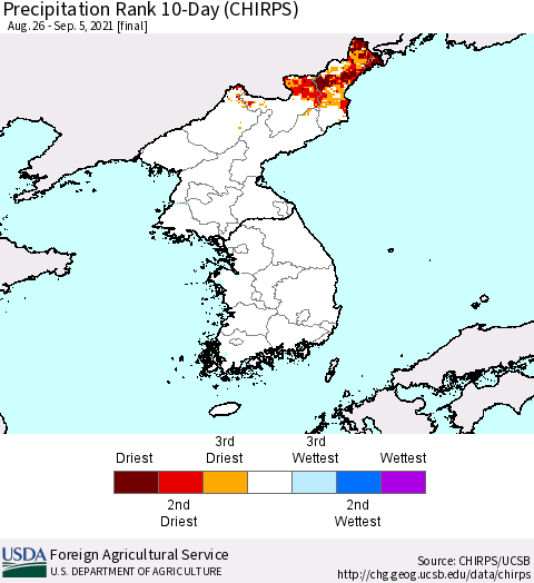 Korea Precipitation Rank since 1981, 10-Day (CHIRPS) Thematic Map For 8/26/2021 - 9/5/2021
