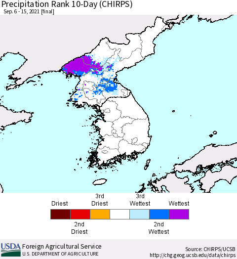Korea Precipitation Rank since 1981, 10-Day (CHIRPS) Thematic Map For 9/6/2021 - 9/15/2021