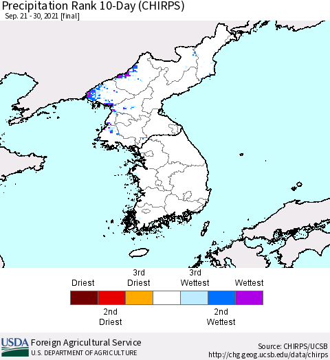 Korea Precipitation Rank since 1981, 10-Day (CHIRPS) Thematic Map For 9/21/2021 - 9/30/2021
