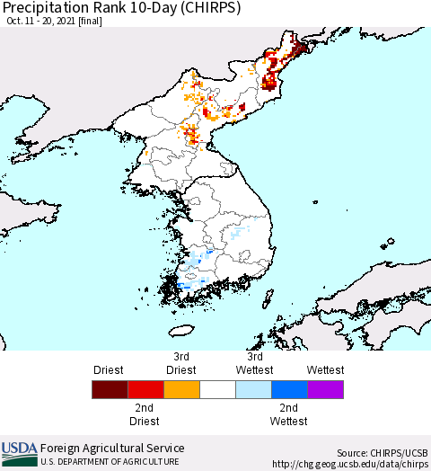 Korea Precipitation Rank since 1981, 10-Day (CHIRPS) Thematic Map For 10/11/2021 - 10/20/2021