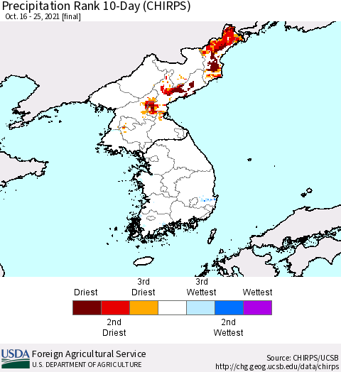 Korea Precipitation Rank since 1981, 10-Day (CHIRPS) Thematic Map For 10/16/2021 - 10/25/2021