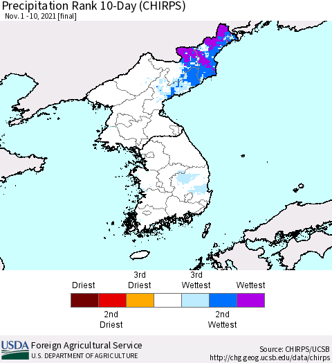 Korea Precipitation Rank 10-Day (CHIRPS) Thematic Map For 11/1/2021 - 11/10/2021