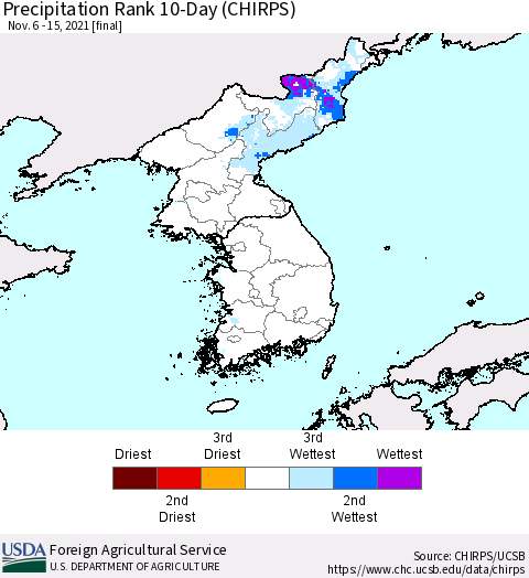 Korea Precipitation Rank 10-Day (CHIRPS) Thematic Map For 11/6/2021 - 11/15/2021