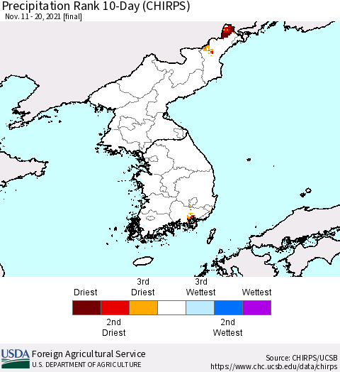 Korea Precipitation Rank 10-Day (CHIRPS) Thematic Map For 11/11/2021 - 11/20/2021