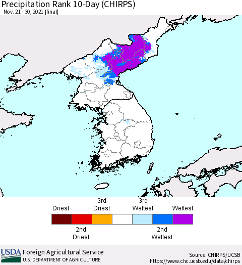 Korea Precipitation Rank 10-Day (CHIRPS) Thematic Map For 11/21/2021 - 11/30/2021