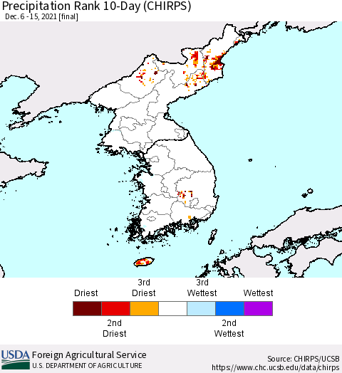 Korea Precipitation Rank 10-Day (CHIRPS) Thematic Map For 12/6/2021 - 12/15/2021