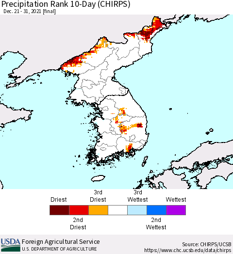 Korea Precipitation Rank since 1981, 10-Day (CHIRPS) Thematic Map For 12/21/2021 - 12/31/2021