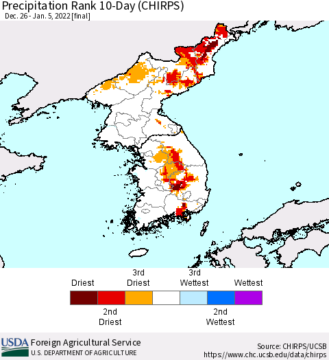 Korea Precipitation Rank 10-Day (CHIRPS) Thematic Map For 12/26/2021 - 1/5/2022