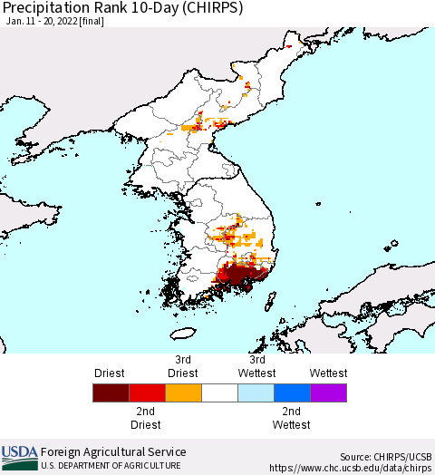 Korea Precipitation Rank 10-Day (CHIRPS) Thematic Map For 1/11/2022 - 1/20/2022