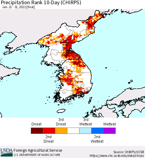 Korea Precipitation Rank 10-Day (CHIRPS) Thematic Map For 1/21/2022 - 1/31/2022