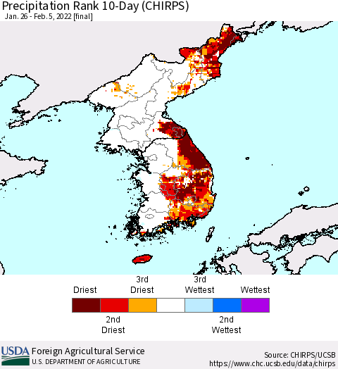 Korea Precipitation Rank 10-Day (CHIRPS) Thematic Map For 1/26/2022 - 2/5/2022