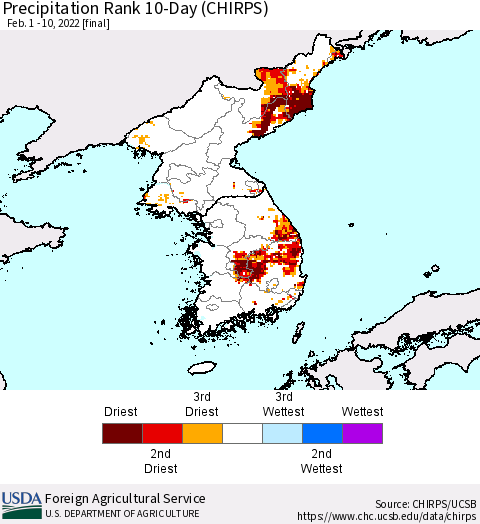 Korea Precipitation Rank 10-Day (CHIRPS) Thematic Map For 2/1/2022 - 2/10/2022