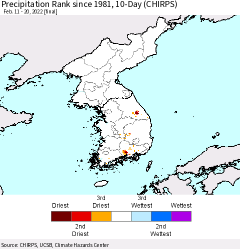 Korea Precipitation Rank since 1981, 10-Day (CHIRPS) Thematic Map For 2/11/2022 - 2/20/2022