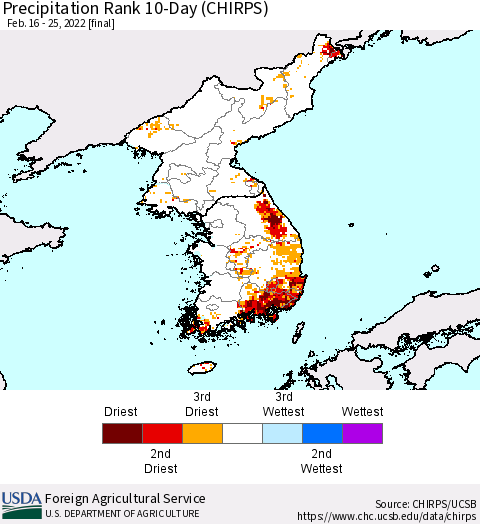 Korea Precipitation Rank 10-Day (CHIRPS) Thematic Map For 2/16/2022 - 2/25/2022