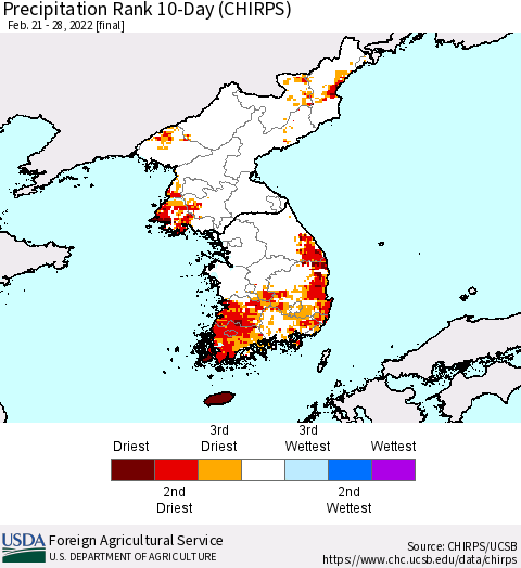 Korea Precipitation Rank 10-Day (CHIRPS) Thematic Map For 2/21/2022 - 2/28/2022