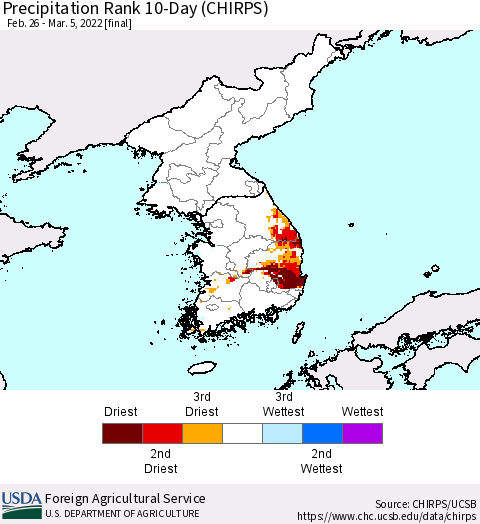 Korea Precipitation Rank 10-Day (CHIRPS) Thematic Map For 2/26/2022 - 3/5/2022