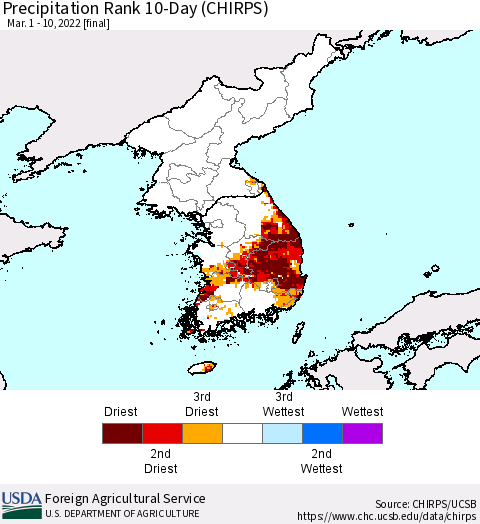 Korea Precipitation Rank since 1981, 10-Day (CHIRPS) Thematic Map For 3/1/2022 - 3/10/2022