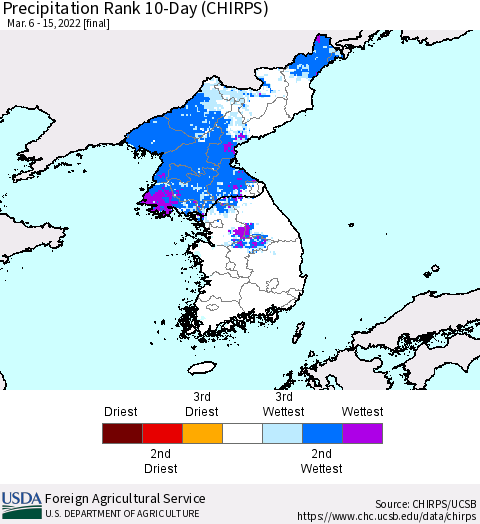 Korea Precipitation Rank 10-Day (CHIRPS) Thematic Map For 3/6/2022 - 3/15/2022