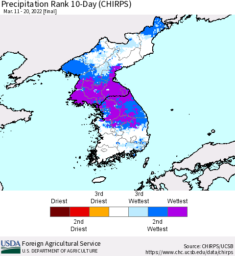 Korea Precipitation Rank 10-Day (CHIRPS) Thematic Map For 3/11/2022 - 3/20/2022