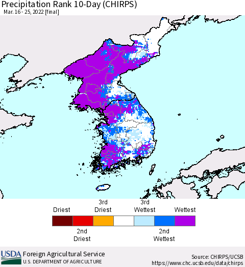 Korea Precipitation Rank 10-Day (CHIRPS) Thematic Map For 3/16/2022 - 3/25/2022