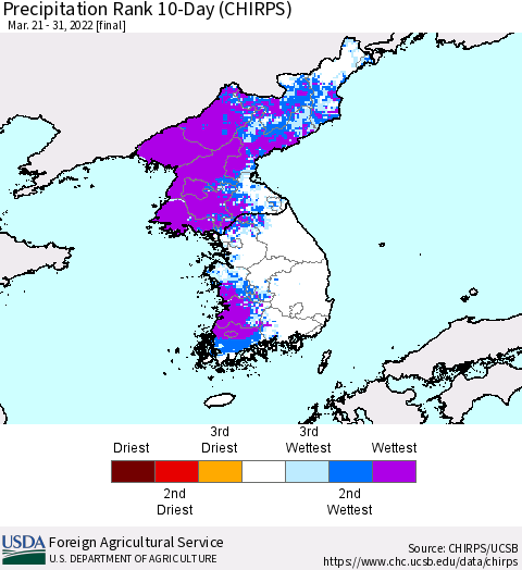 Korea Precipitation Rank 10-Day (CHIRPS) Thematic Map For 3/21/2022 - 3/31/2022