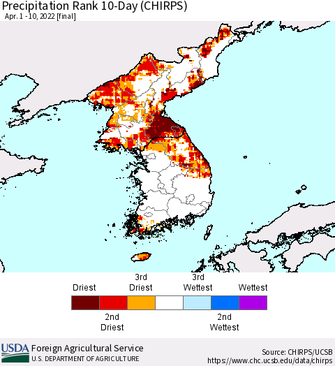 Korea Precipitation Rank 10-Day (CHIRPS) Thematic Map For 4/1/2022 - 4/10/2022