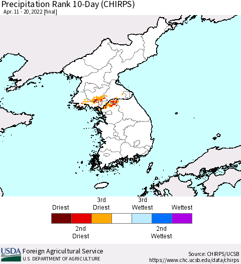 Korea Precipitation Rank 10-Day (CHIRPS) Thematic Map For 4/11/2022 - 4/20/2022